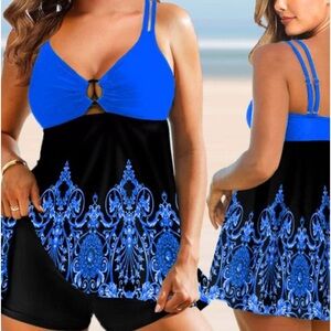 Denater Size Medium 2 Pc swimsuit Blue & Black Floral Print